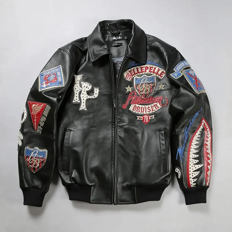 

Men's Italian Sheep Leather Bomber Jacket US Size Classic Baseball Rap Rock Music Coats
