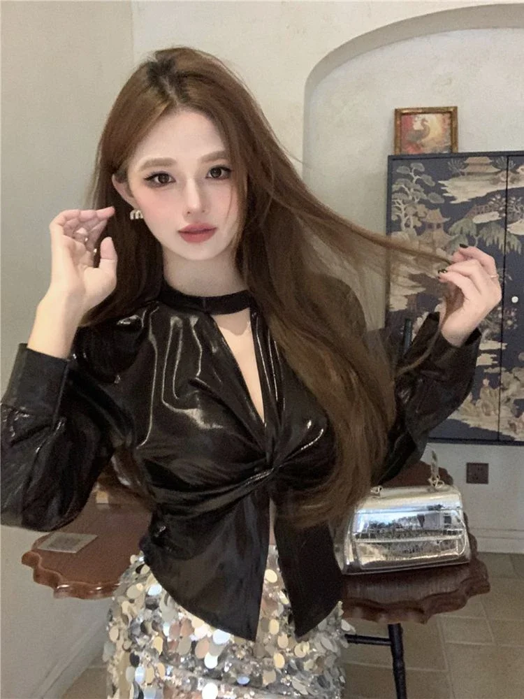 Осень 2024 Harajuku Серебряная винтажная футболка с лямкой на шее Сексуальные