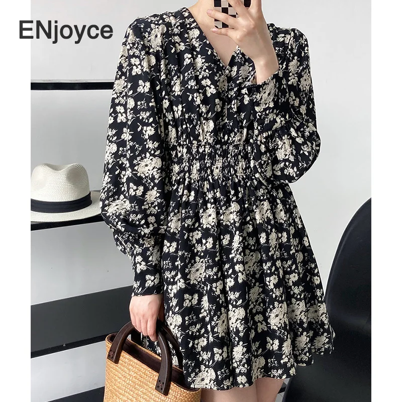 

Vintage Black Floral Chiffon Dress Women Korean Gentle Casual Loose Knotted Waist A-shaped Mini Dresses Spring Summer