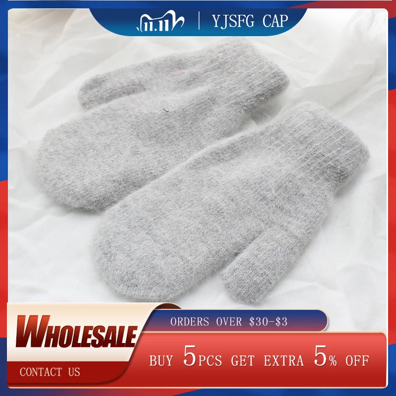 

Double-layer Plush Thick Gloves Female Winter Korean Solid Color Full Finger Mittens Outdoor Women Warm Wool Cashmere Knit Glove