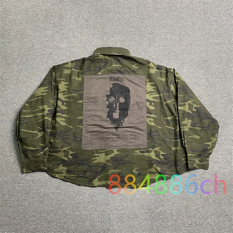 

Men Women Washed Worn Dark Checkered Patch Camouflage Shirt