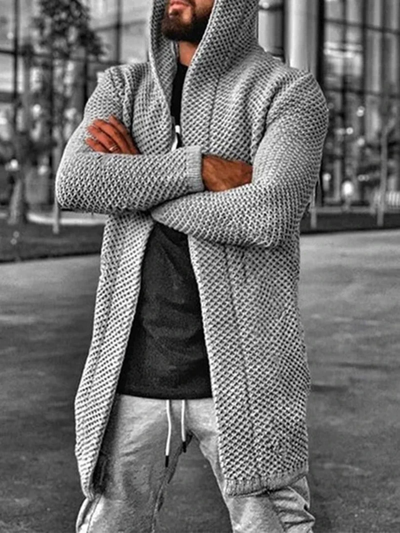 Sweater Cardigan Men Mid Length Hooded Cardigans Spring Fall Mens Clothes Casual Fashion Knit Jacket Plus Size Sweaters Knitwear