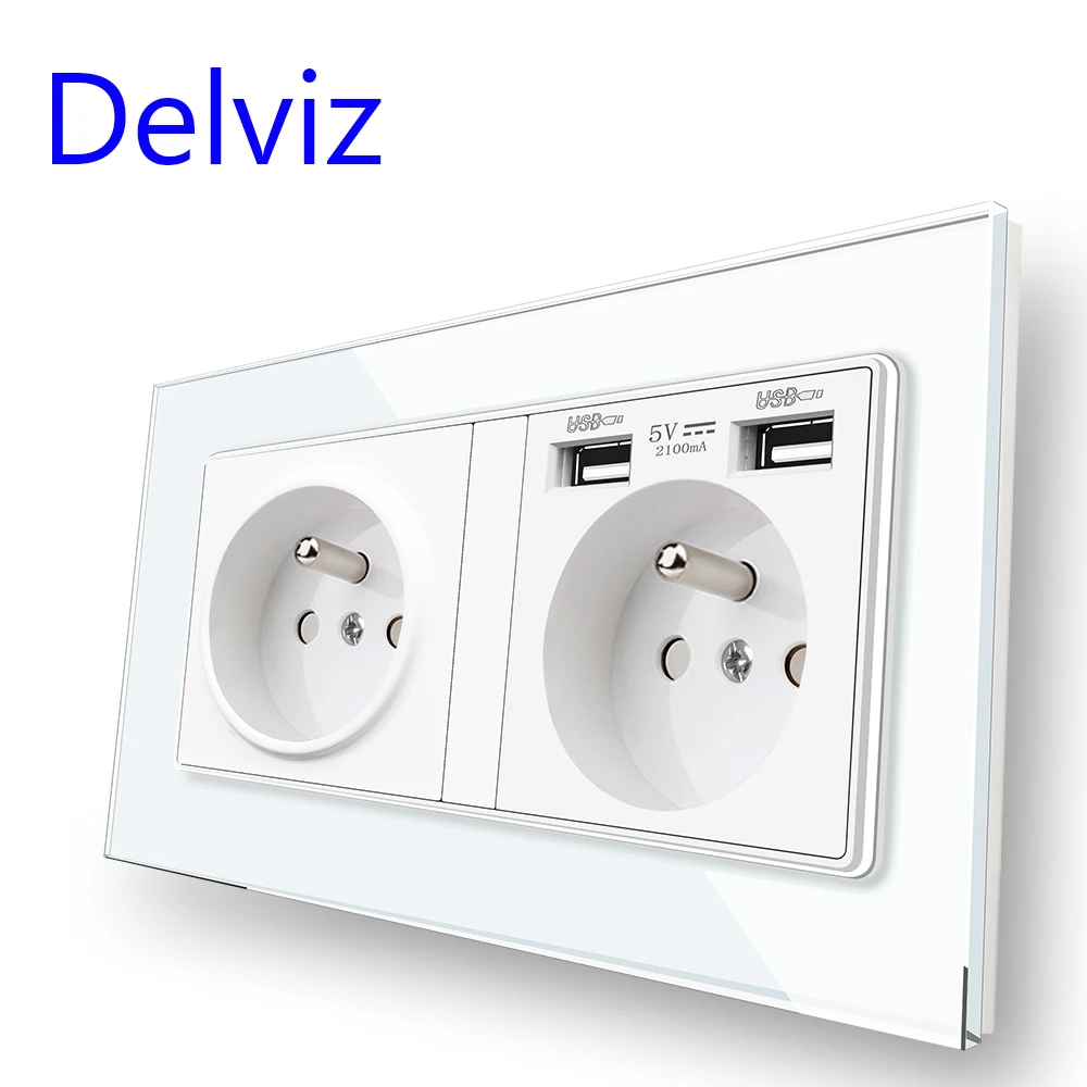 

Delviz French standard socket, Tempered Glass Crystal Panel,AC 100~250V, 2A Dual USB charging Port, France 16A Power Wall Outlet