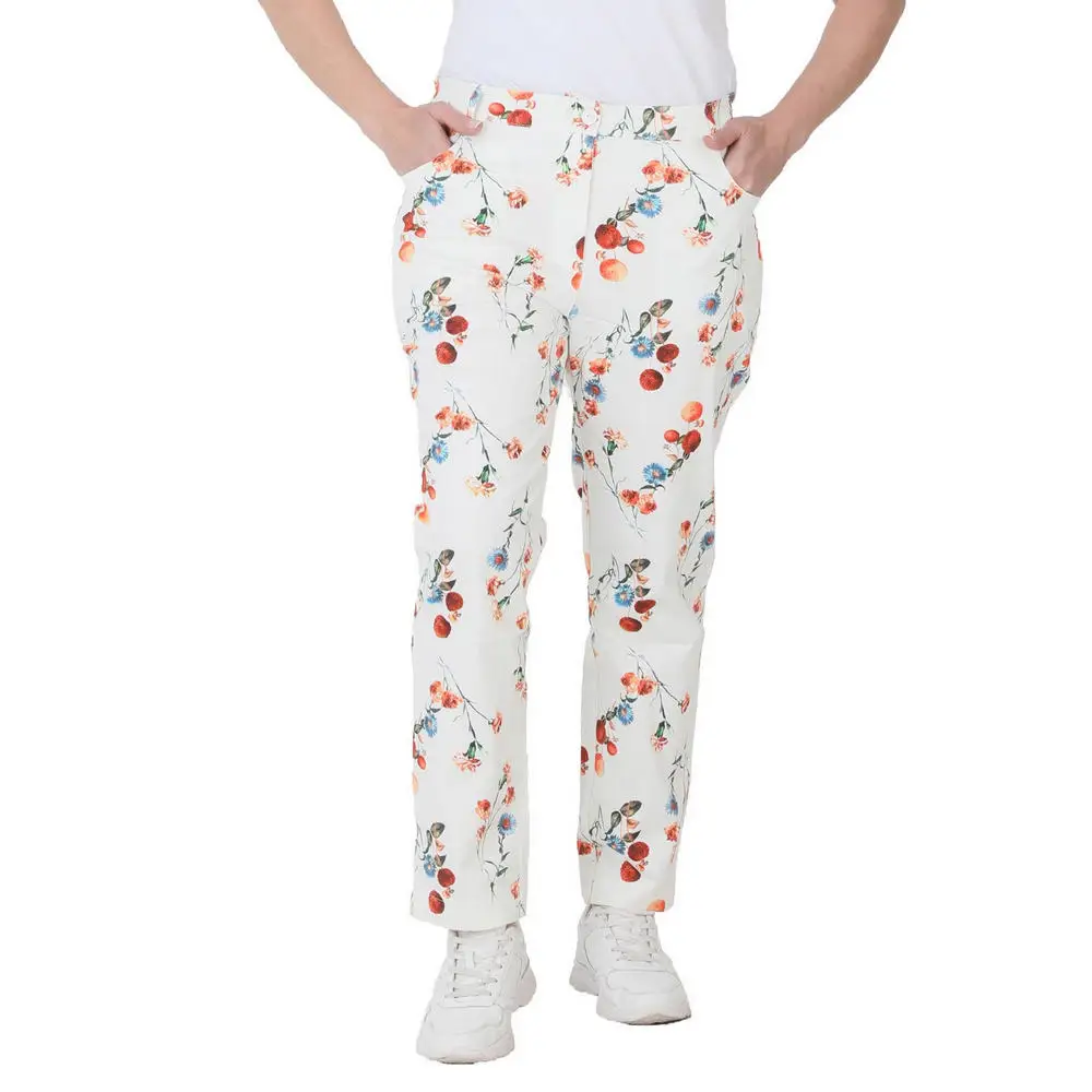 Fierte Women Plus Size Pants CcLidya Linen High Waist Straight Trotting Zipper Closure Button Flower Pattern White