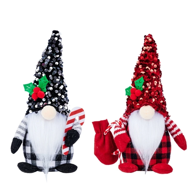 

2pcs Christmas Gnome Red Black Sequins Hat Beard Ornament for Decoration New Year Party Background Decoration A0KE