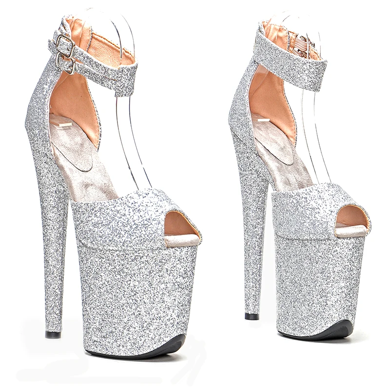 Leecabe 20cm/8inches glitter material silver color  platform high heel   sandals  pole dance shoes