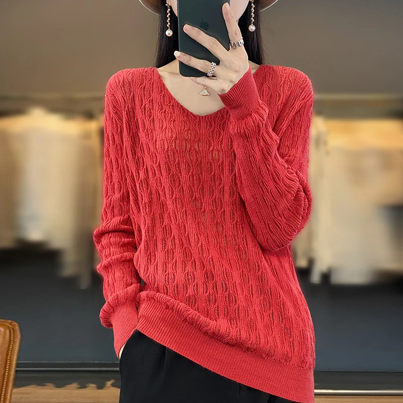 

Spring New Knitted Cotton Pullover Korean Fashion Sexy Hollow Loose Top Women's Comfortable Temperament Sweater Free Of Freight