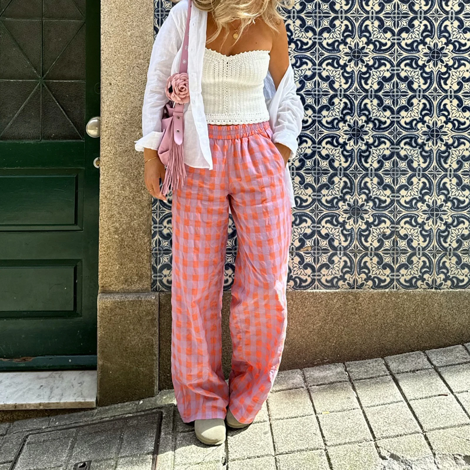 Женская винтажная одежда y2k широкие брюки Y2k клетчатые свободные с принтом летние