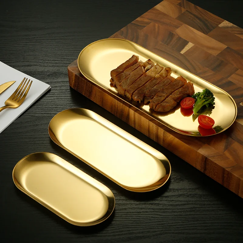 

Oval Cake Fruit Dessert Tray Western Steak Dish Rectangular Snack Plate Jewelry Storage Tray Metal Tray Stainless Steel Plate