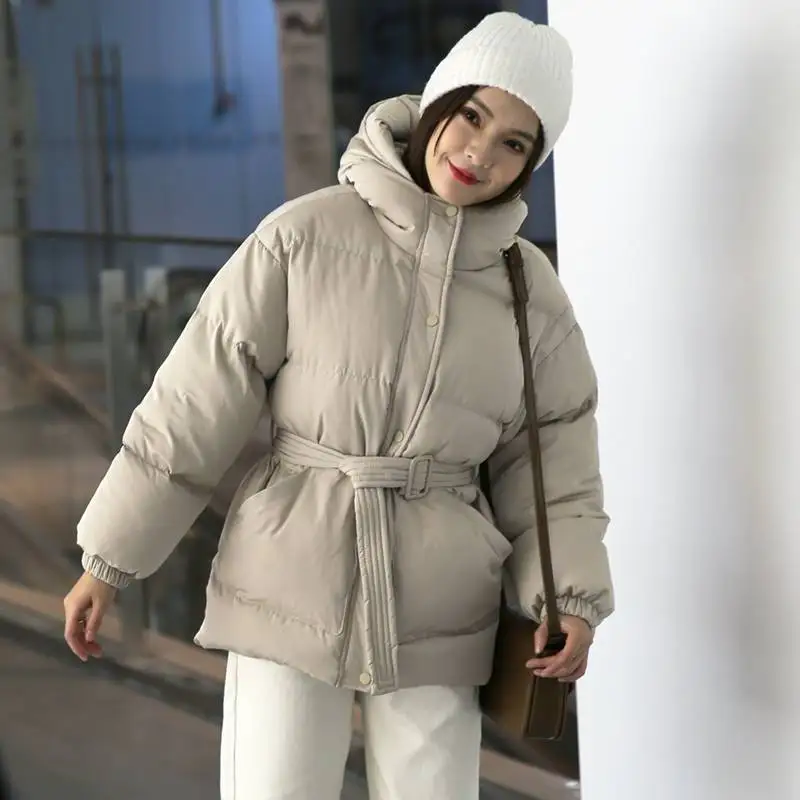 2021 Women's Jacket Streetwear Casual Padded Winter Warm Coat Femme Black Parkas with Sashes Hooded Korean Style Women Clothing