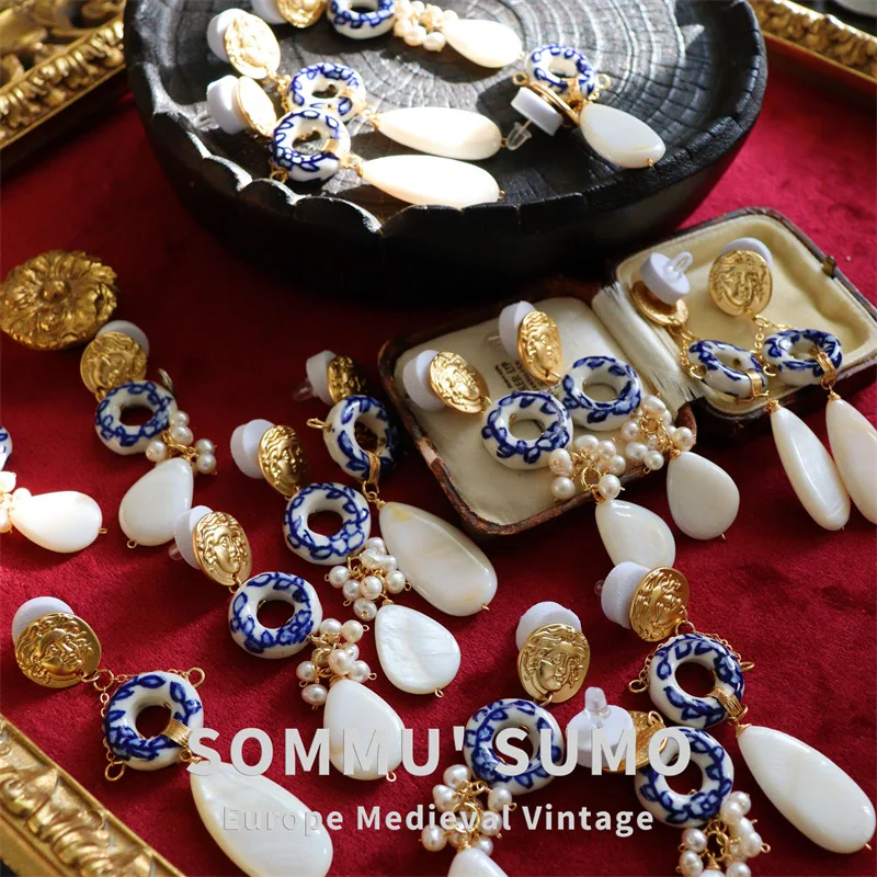 Ретро нишевые керамические древние римские монеты женские серьги с натуральным