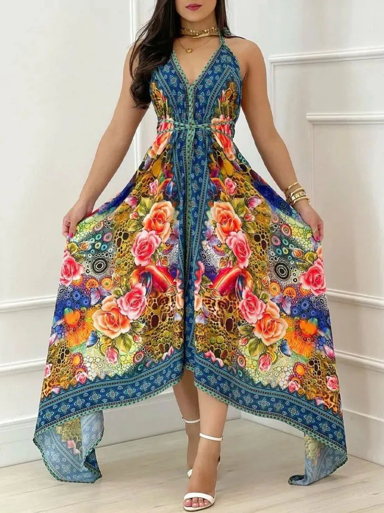 

Women Maxi Dress Summer Holiday Off Shoulder Sundress 2022 Sexy Sleeveless Off Shoulder Dress Floral Printed Long Dress Vestidos