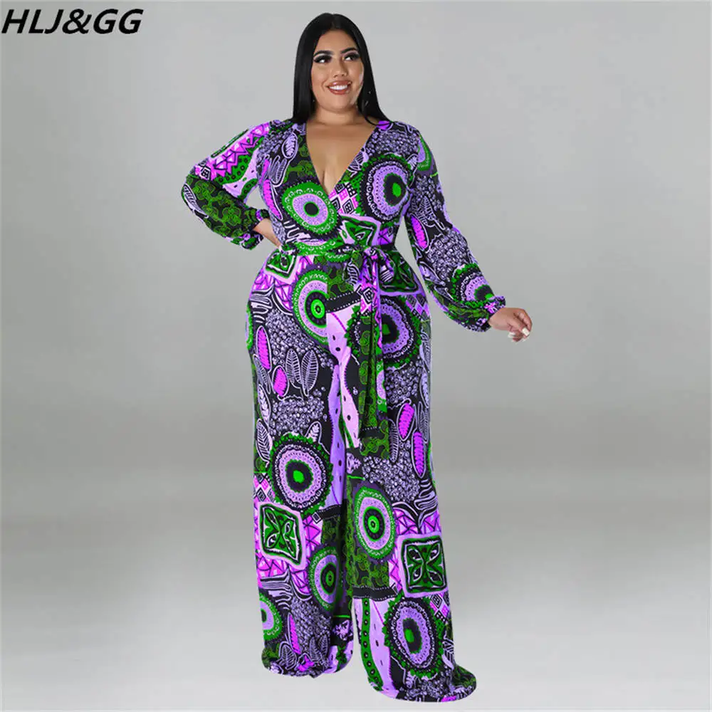 HLJ&GG Fall Winter African Retro Print Bandage Jumpsuits Women V Neck Long Sleeve Wide Leg Pants One Piece Rompers Female XL-5XL