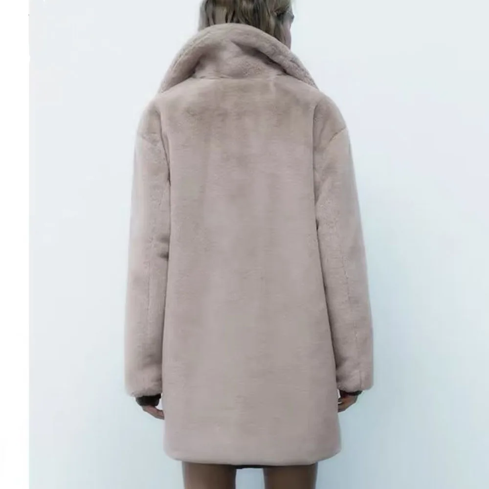 Fall and winter new fashion women's temperament casual versatile lapel long sleeve artificial fur effect medium long coat coat