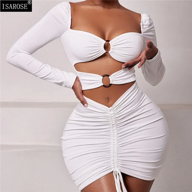 

ISAROSE Women Sexy Dress White Hollow High Waist Pullover Long Sleeve Drawstring Fashion Bodycon Dresses for Party Nightclub