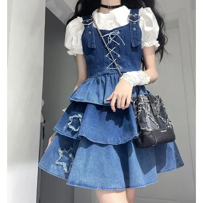 

Короткая рубашка с пышными рукавами, подтяжки, джинсовое платье для похудения, утеплитель, миниатюрный комплект для женщин