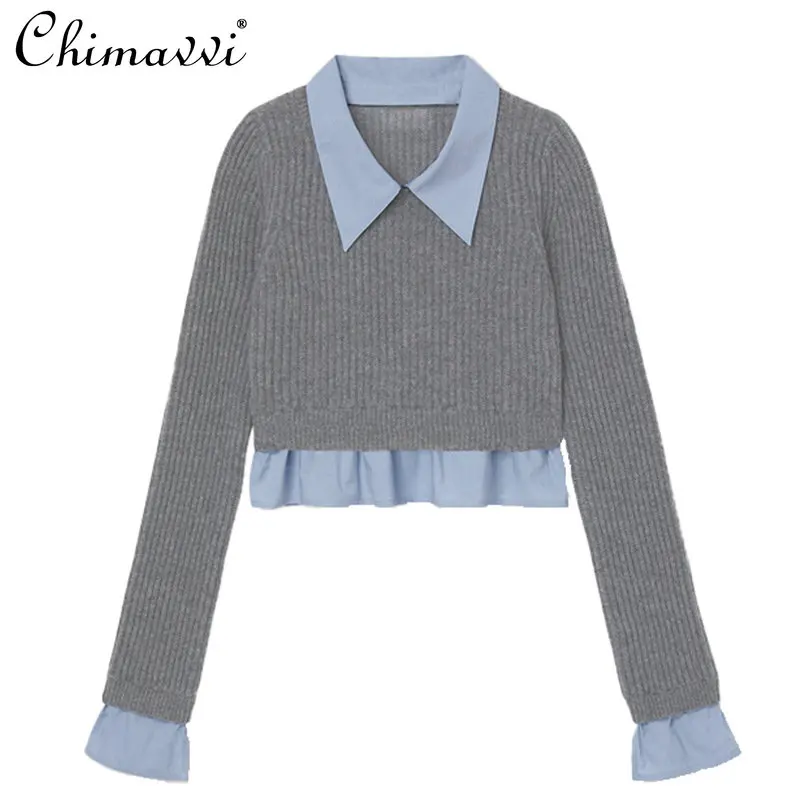 

Осенне-зимний новый модный вязаный пуловер с имитацией двух частей отворот поло Женский Короткий Свободный пуловер с длинным рукавом в сту...