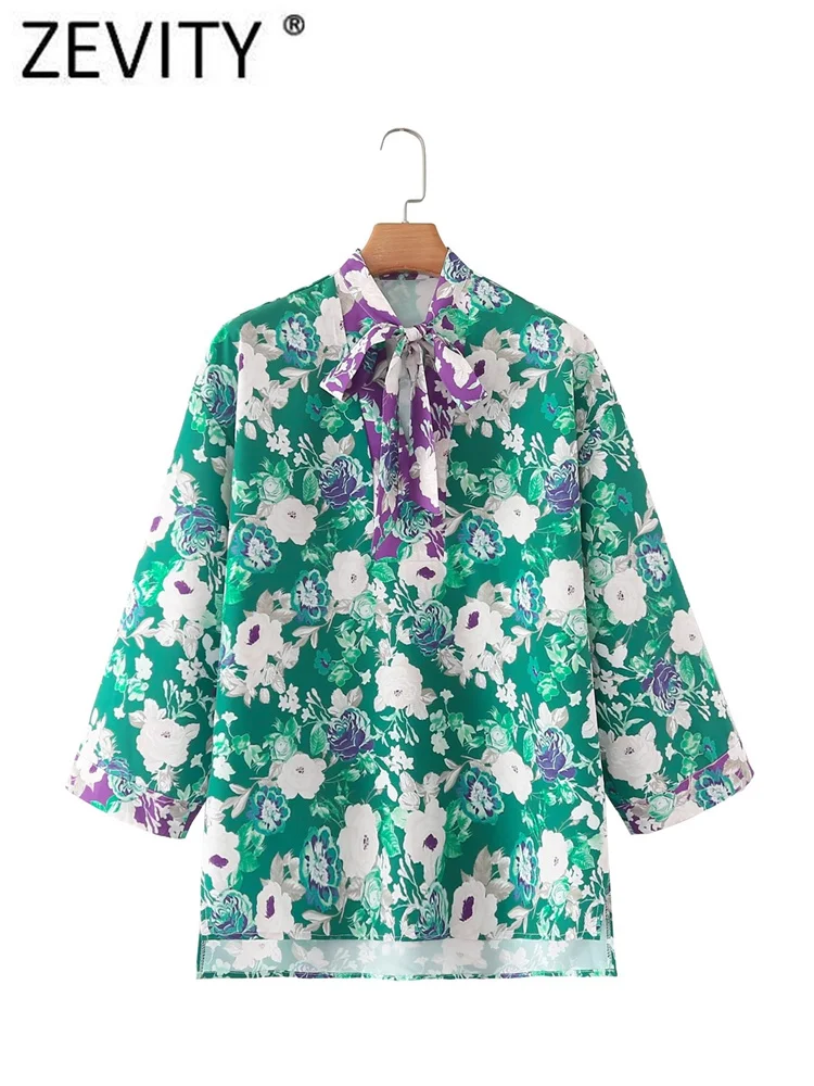

Zevity Women Fashion Bow Collar Patchwork Floral Print Kimono Smock Blouse Female Three Quarter Sleeve Shirt Blusas Tops LS1884