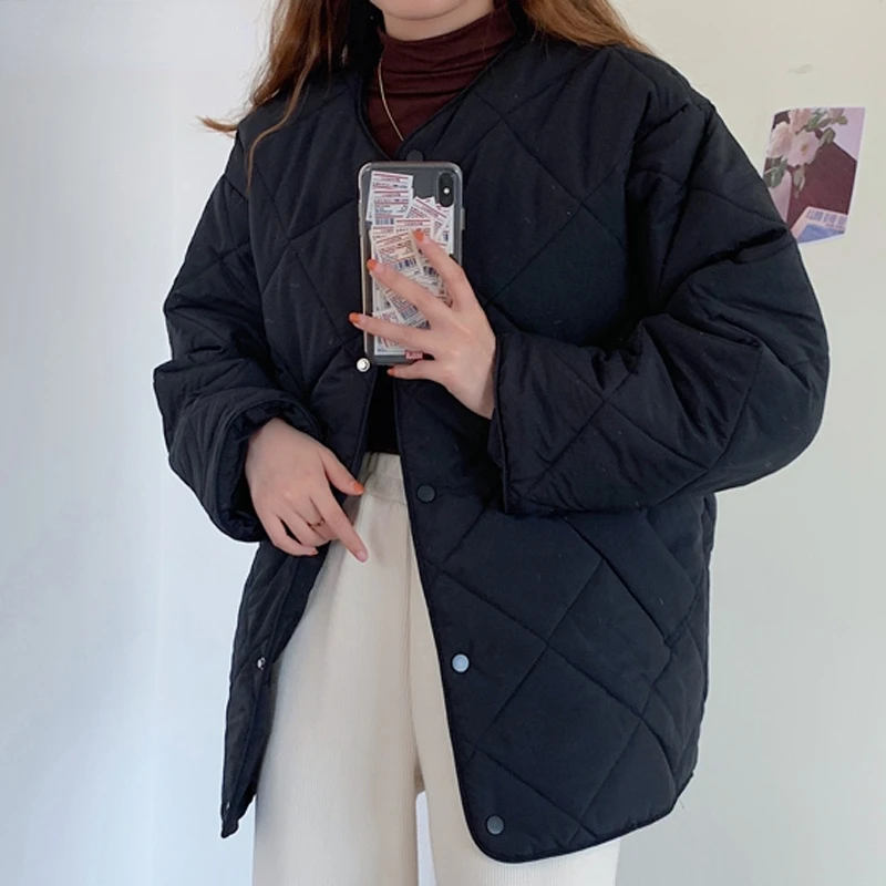 Winter new style 2022 Korean version loose fashion thin round neck diamond plaid cotton jacket simple cotton jacket women