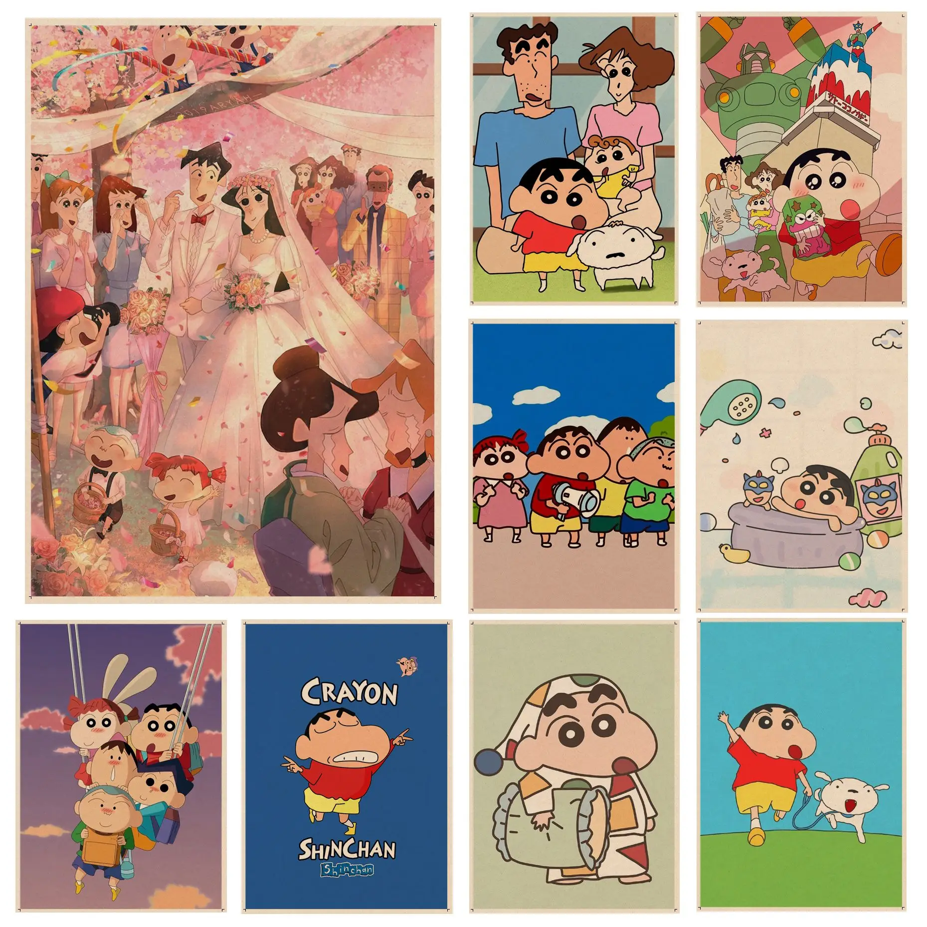 BANDAI Crayon Shin-chan Retro Kraft Paper Poster Wall Art Retro Posters for Home Aesthetic Art Wall Painting