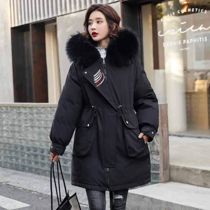 

Elegant Solid Color Casual Parkas Fur Women Autumn Winter Solid Color Zip Up Button Sweet Loose Fashion Long Coat Down 2022