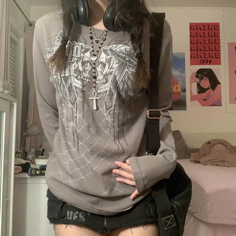 

Футболка с графическим принтом черепа в винтажном стиле 90-х годов, в стиле гранж, худи, футболки Y2K, эстетичные Ретро пуловеры, футболки, женс...