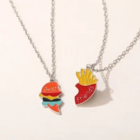 2 pcshamburger fries best friend pendant necklace adjustable miniature simulation heart shape men women couple choke jewelry