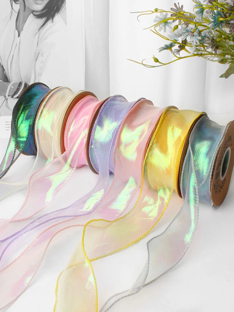 

Iridescent Fishtail Yarn Gift Ribbons for Flowers Bouquet Packaging Organza Wired Ribbon for Valentine's Day Wedding Decorations