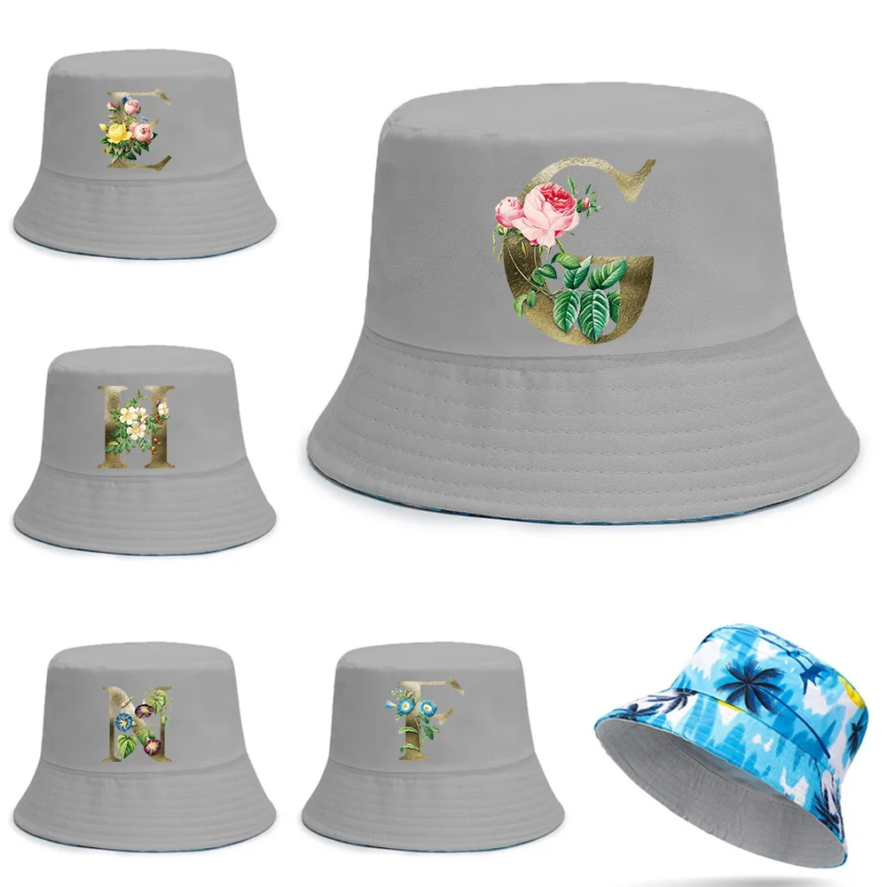

Panama Bucket Hats Golden Flower Letter Print Fisherman Hat Summer Sun Hats for Women Men Cotton Reversible Fishing Beach Cap