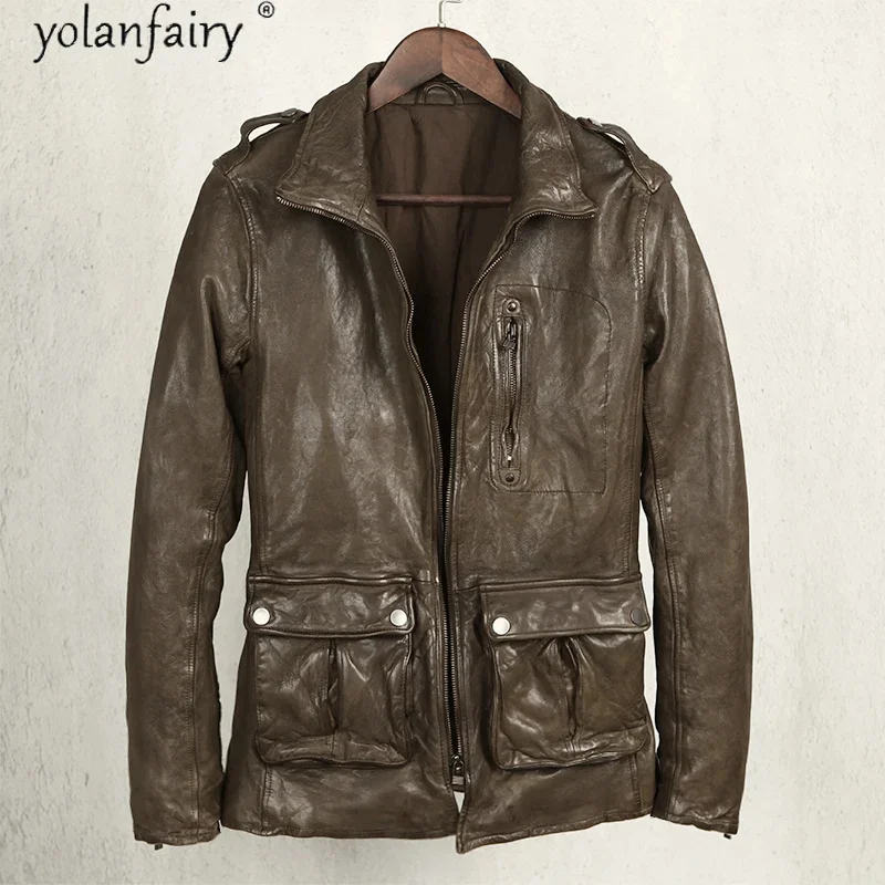 

Мужская винтажная куртка из овчины, мотоциклетная куртка из 100% натуральной кожи, одежда для осени и зимы