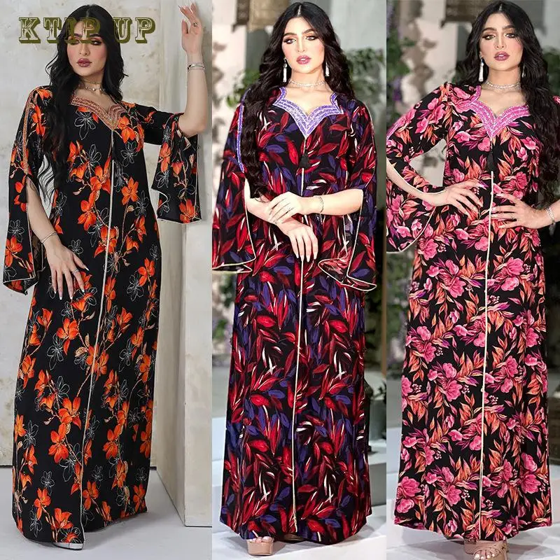 

Fresses For Women Muslim Print Long Floral Turkish Dress Abaya Dubai Evening Dresses Dubai Robe Middle East Europen Fashion