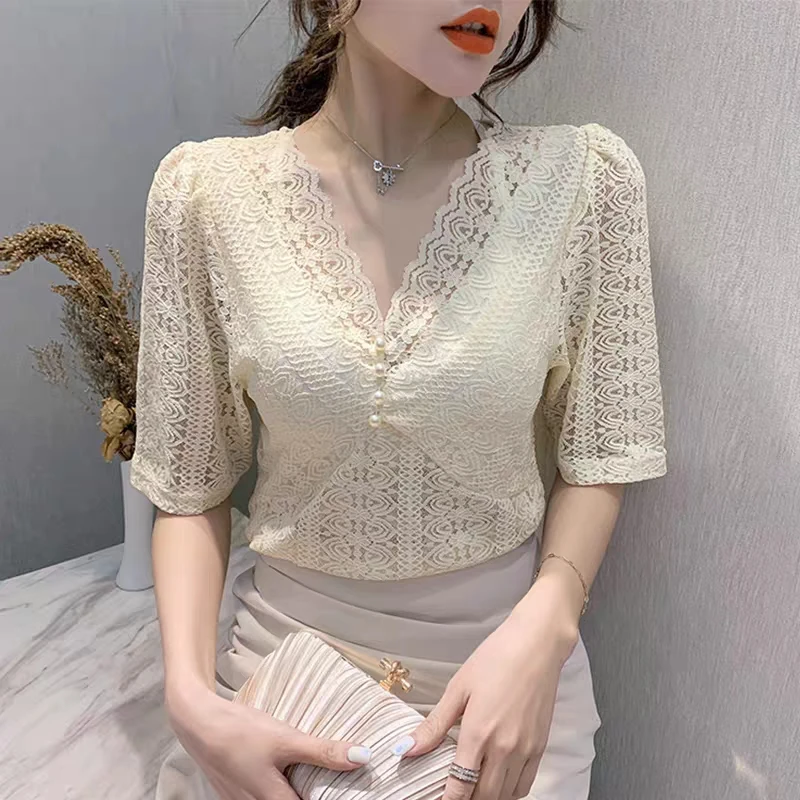 

Женская Кружевная футболка с коротким рукавом, элегантная облегающая футболка с запахом на груди и V-образным вырезом, лето 2022