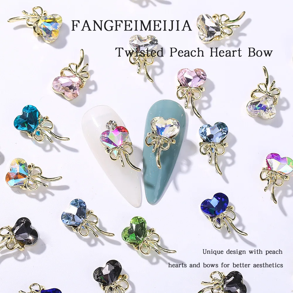 

10pcs Zircon Nail K9 Peach Heart Charm Luxury Diamond Crystal Love Gems 3D Alloy Glitter Nail Jewelry Decor Parts DIY Nail Parts