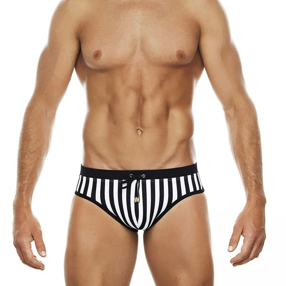 Men's Black And White Stripes Briefs Swimming Lingerie Low Waist Bikini Panties Sexy Swimsuit Quick-Drying Push Pad Shorts Beach