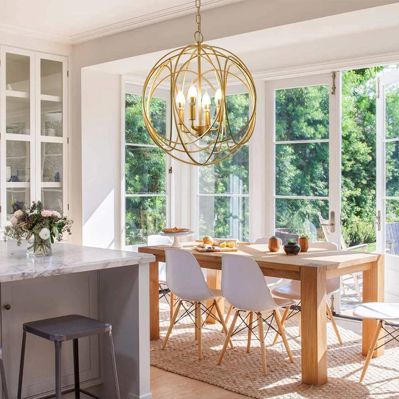

Modern Gold Farmhouse Chandelier Light Fixture, Metal Spherical Vintage Rustic Industrial Pendant Lighting for Kitchen Island D