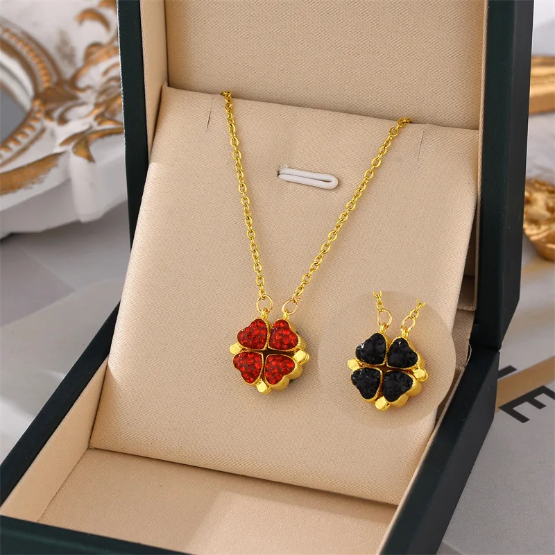 

18k Gold Double Sided Black Red Clover Foldable Pendant Necklace for women girls luxury stainless steel chains Necklace Jewelry