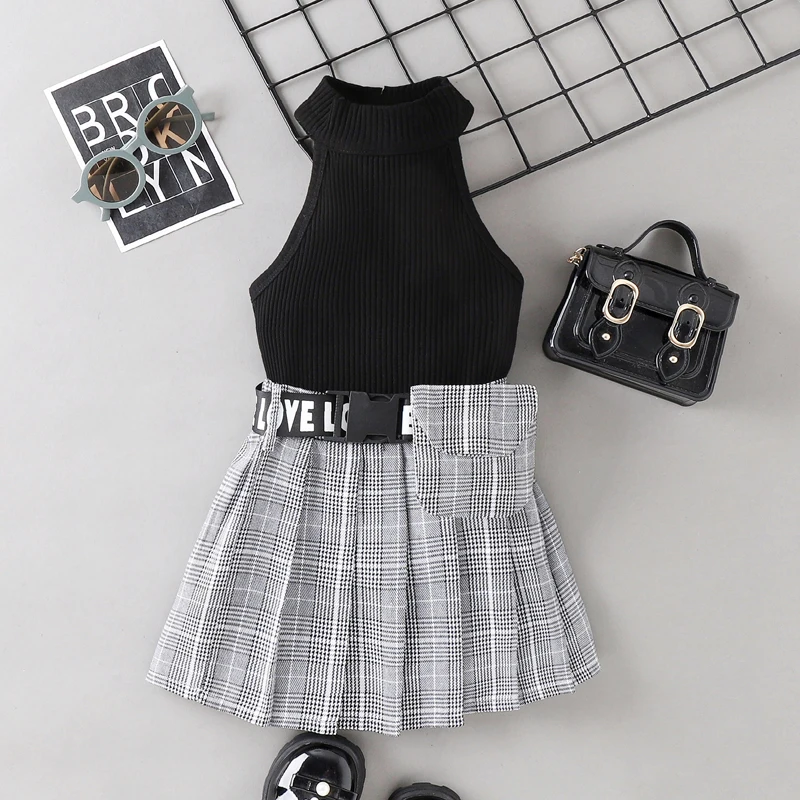

Летний женский однотонный жилет в рубчик с высокой горловиной, клетчатая плиссированная юбка, комплект детской одежды