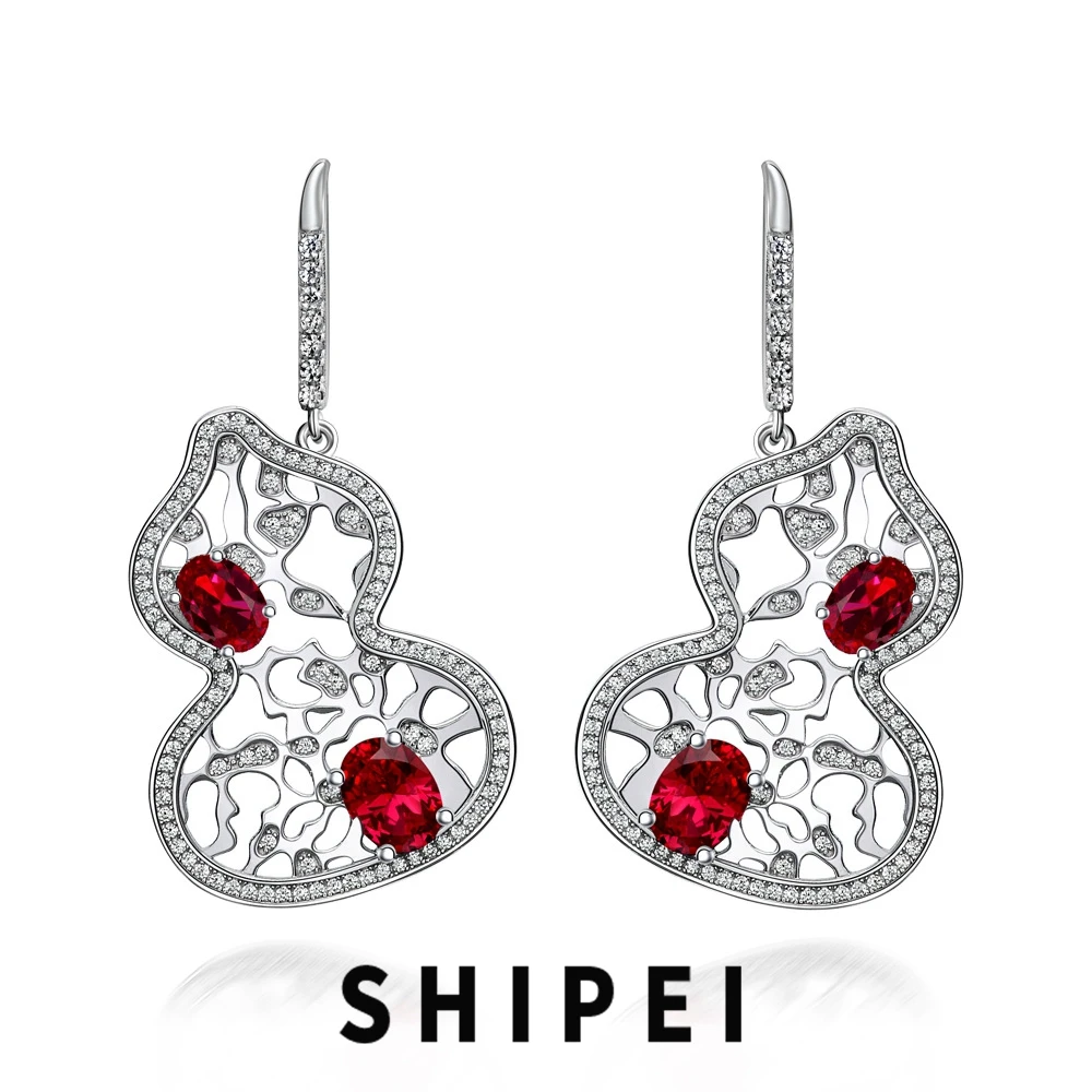 

SHIPEI Vintage 925 Sterling Silver Ruby White Sapphire Gemstone Gourd Dangle Earrings Wedding Engagement Fine Jewelry for Women