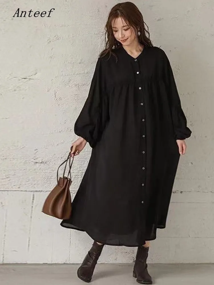

Anteef long sleeve oversized vintage dresses for women casual loose spring autumn shirt dress elegant clothing 2022