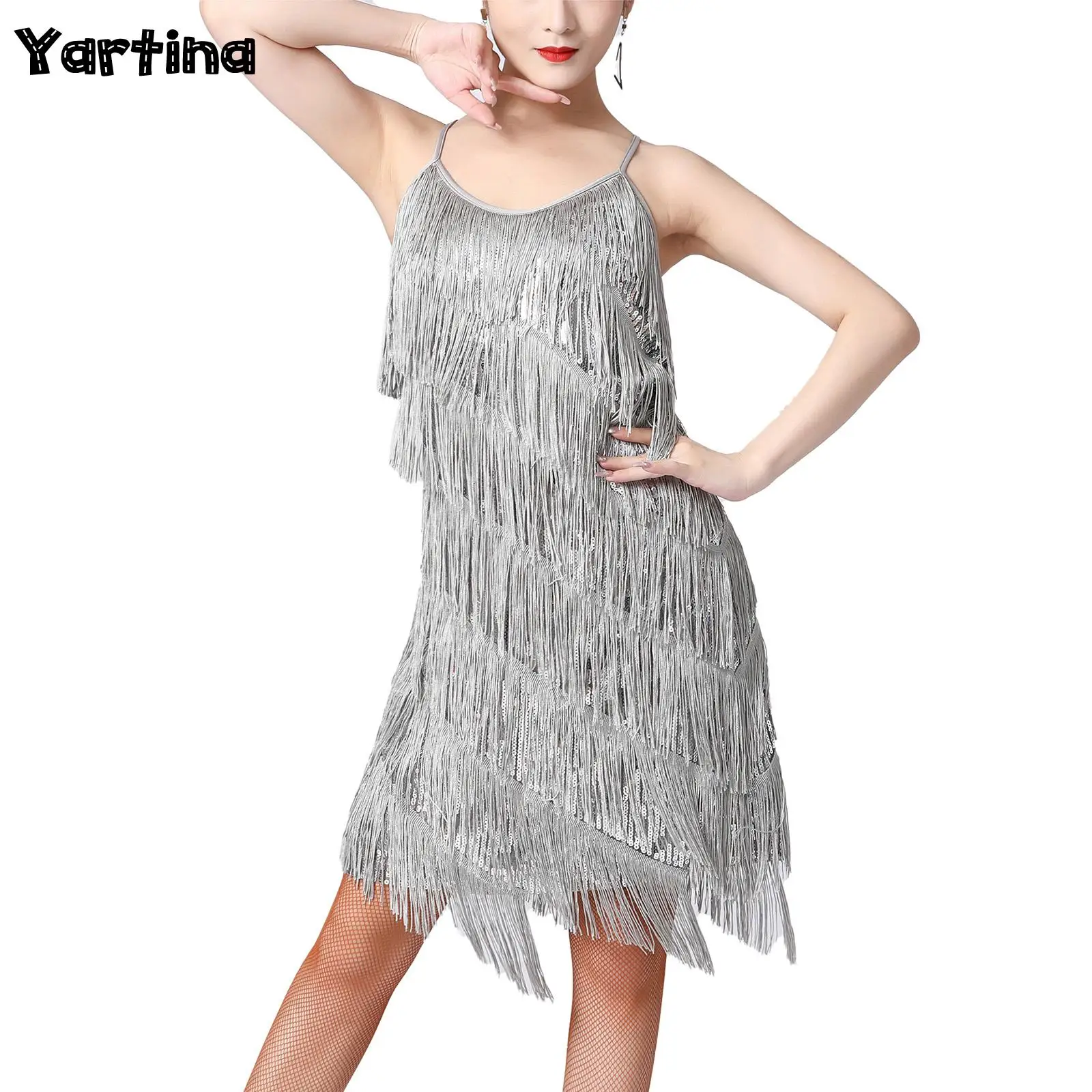 Женское блестящее платье с бахромой и блестками Женский костюм для
