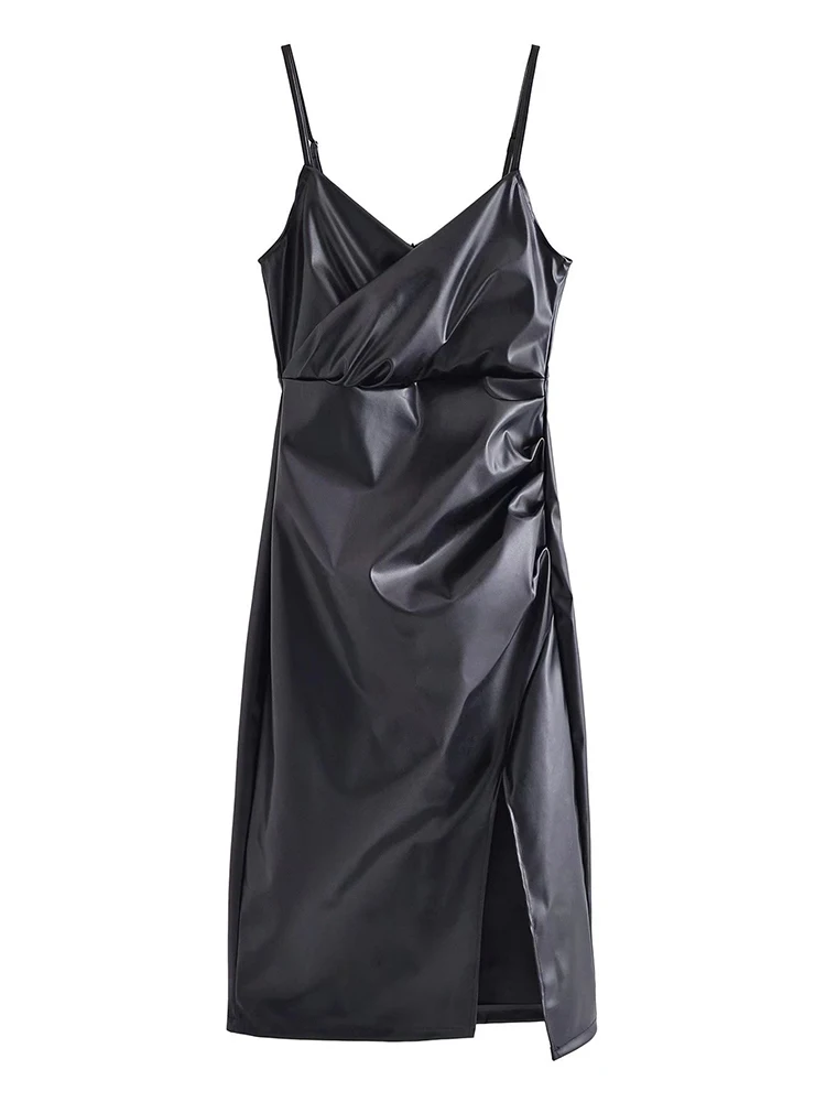 

Summer Pu Leather Midi Black Dress Women Sleevelss Camisole V-neck Folds Slim Dresses 2022 Split robe femme