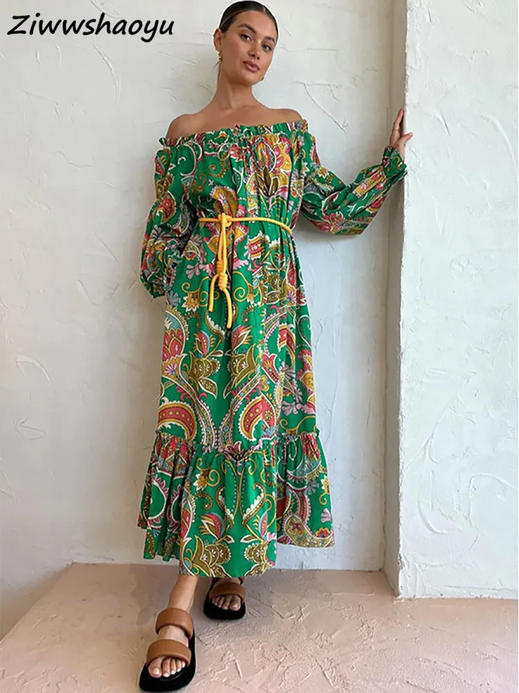 

Delocah High Summer Sundress Women Fashion Runway Designer Long Dress Slash neck Sashes Bow Vintage Print Ruffle Hem Dresses