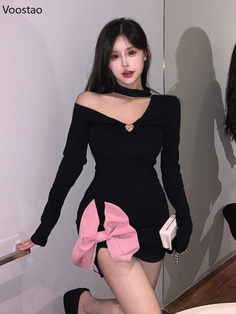 

Gothic Black Off Shoulder Bow Long Sleeve Dress Women Sexy Fashion V-Neck Mini Dresses Spring Autumn Elegant Y2k Bodycon Vestido