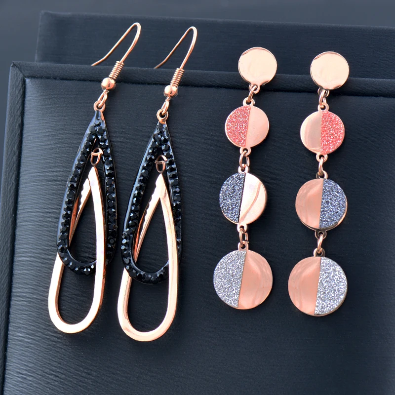 

SINLEERY Stainless Steel Water Drop Round Pendant Long Earrings For Women Gold Color Jewelry Friends Gifts accessories ES180 SSK