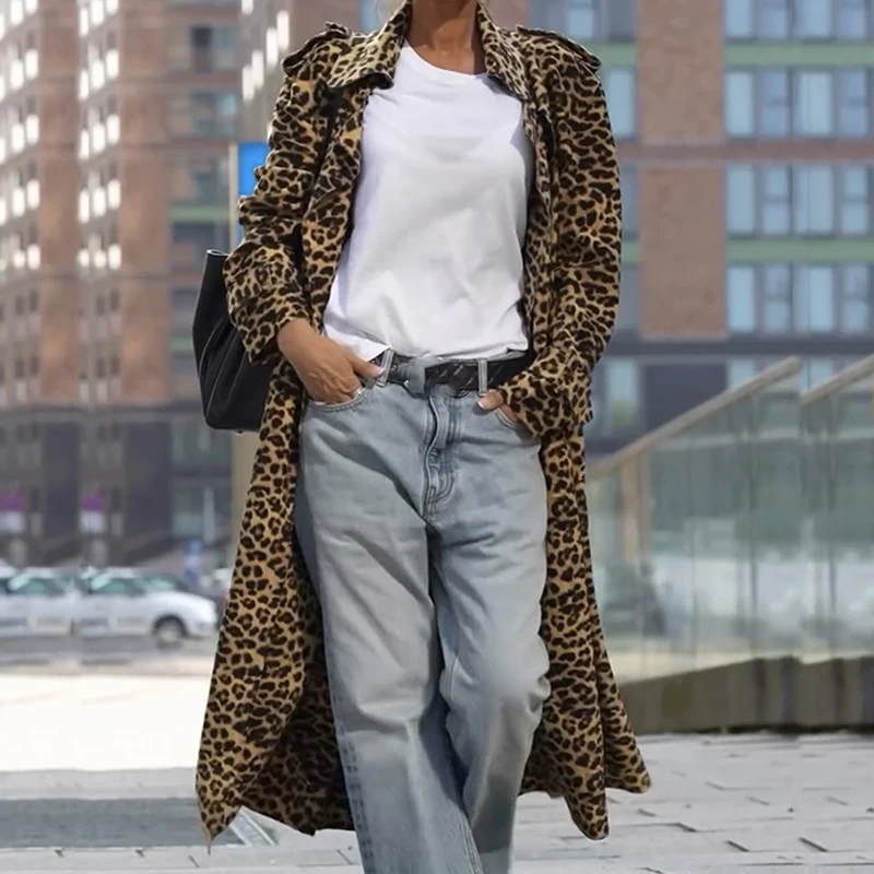 Женский плащ с леопардовым принтом и отложным воротником модные уличные куртки