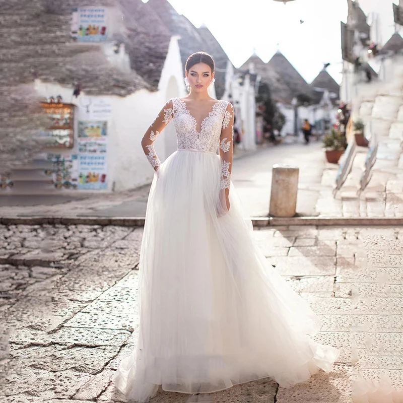 

Bridal gownV-neck Soft Satinwhite/Ivory Lace/Silky Organza A-LINEBride Wedding Appliques custom made(Three Quarter)Appliques