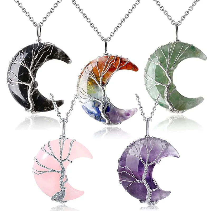 

1PC Natural Crystal Pendant Tree of Life Moon Shape Reiki Necklace for Women Men Polished Mineral Healing Jewelry Choker Gifts