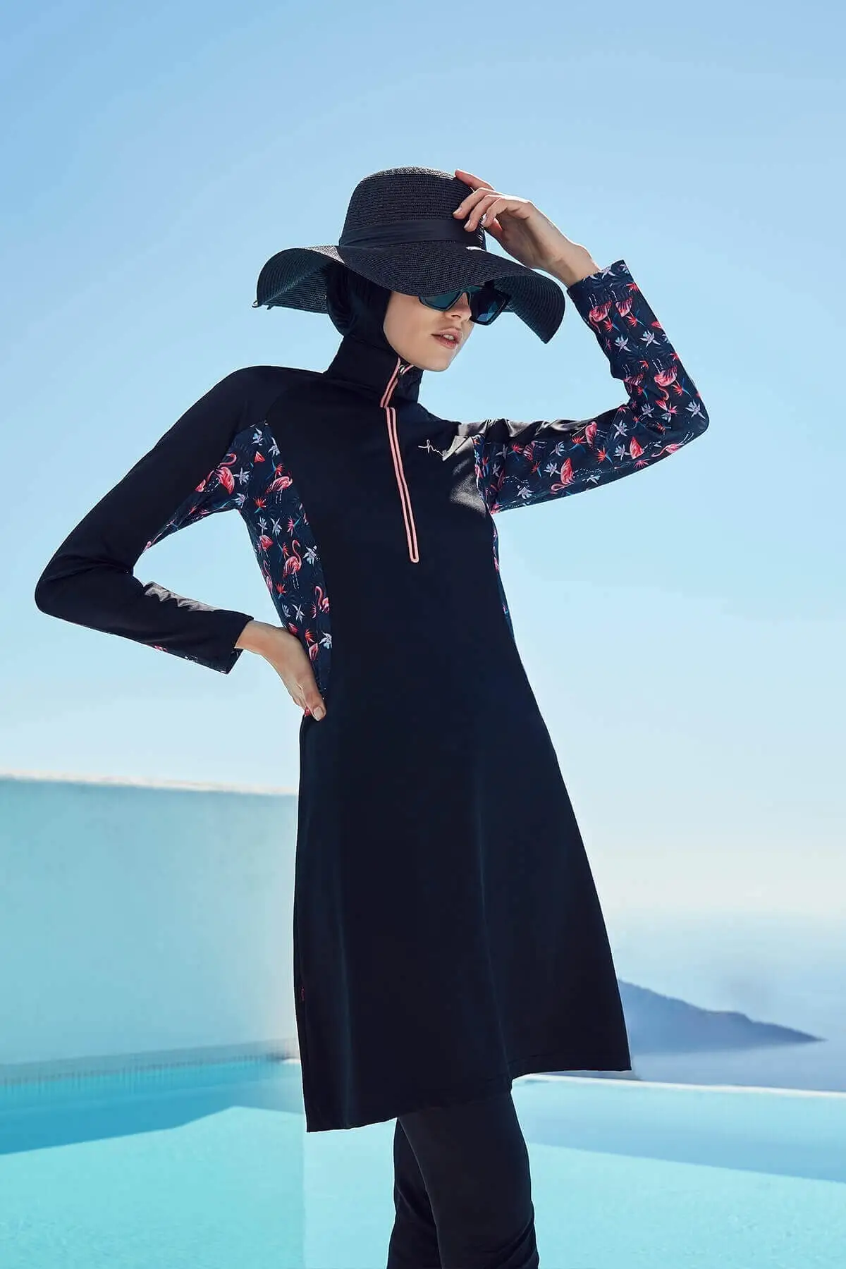 

Muslim Burkinis Black Flamingo Patterned Black Swimwear Modest Summer Clothing Hijab Sport Swimsuit Islamic Full Cover