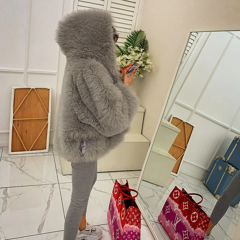 HOUZHOU Faux Fur Coat Women Winter 2022 Luxury Fluffy Coat Korean Hooded Loose Faux Fox Fur Cardigan Overcoat Female High Street