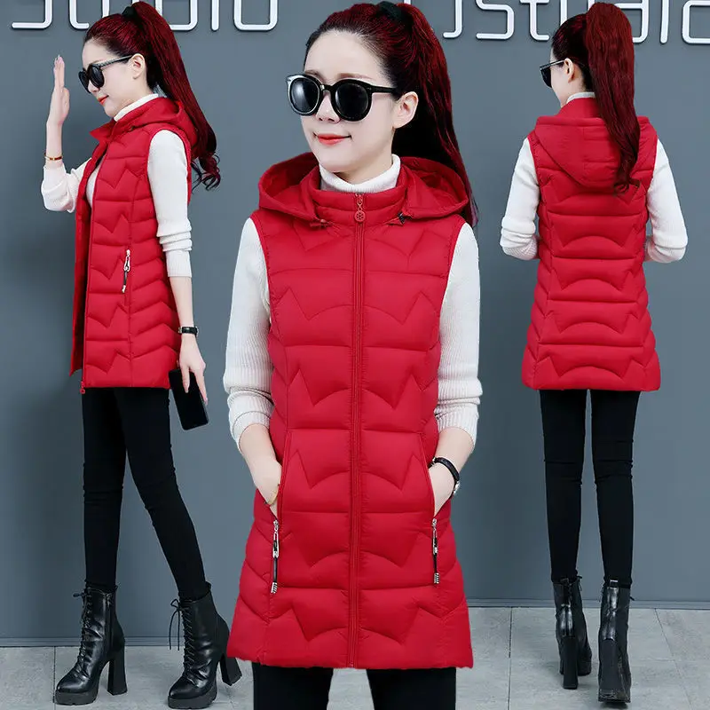 

Autumn Winter Long Cotton Vest Women Jacket Korean Hooded Sleeveless Coat Female Slim Warm Waistcoat Chaleco Mujer XL-6XL E449